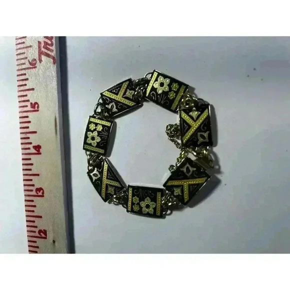 Damascene Jewelry - Vintage Spanish Damascene Link Bracelet Flowers Gold Tone Circa 7”